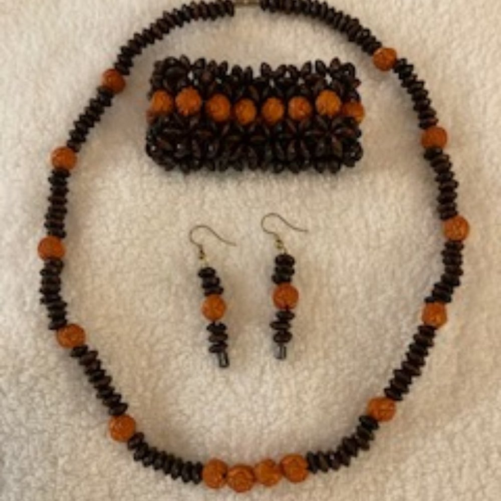 Handmade Dark Brown & Orange Monkey Wood Necklace, Earrings and Bracelet Set